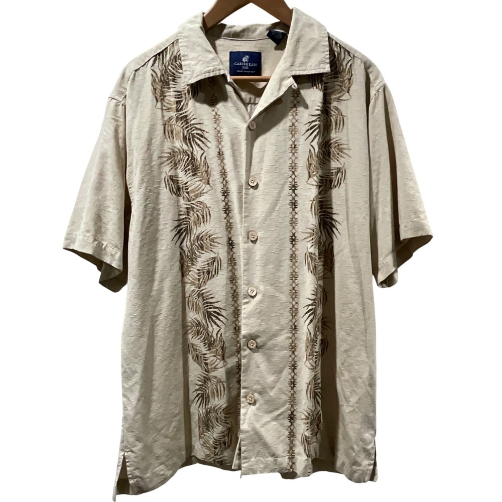 Caribbean Joe Island Supply Silk Button Up Shirt Palm Tree Embroidered Beige L